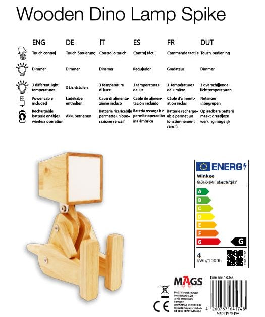 Dino Spike Tischleuchte | Dimmbare Holz LED Lampe mit Touch-Funktion und Ladefähigkeit